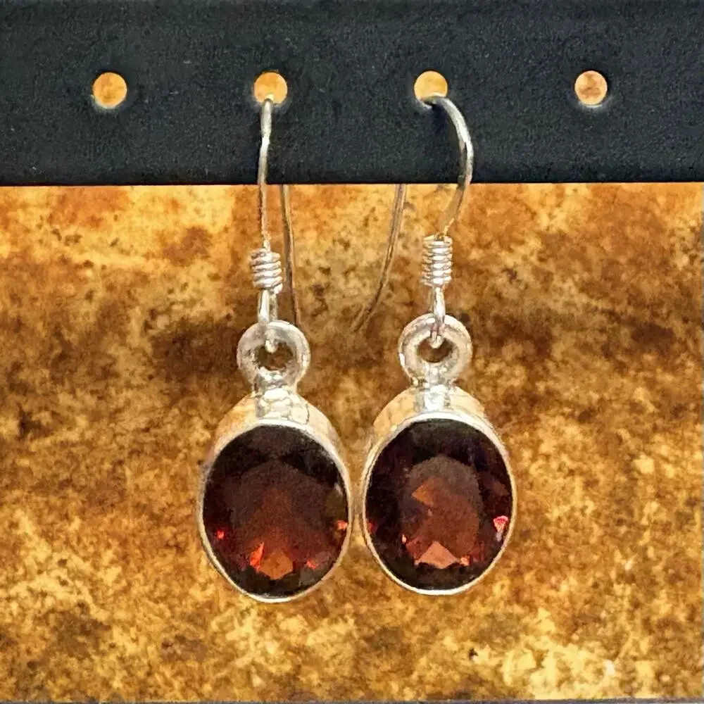 Sterling Silver & Garnet Earrings Oval Shaped Dangle/Drop